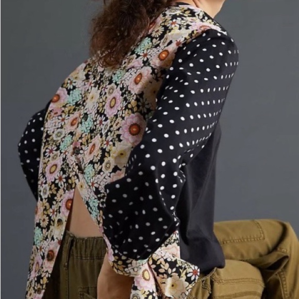 Anthropologie Maeve Split Back Top Size XS Black Floral Polka Dot Cotton Hi Low